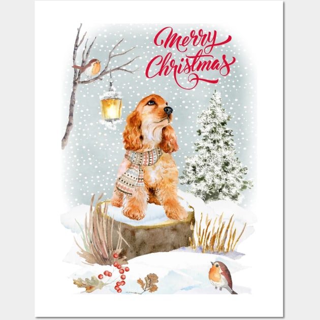 Golden Cocker Spaniel Merry Christmas Santa Dog Wall Art by Puppy Eyes